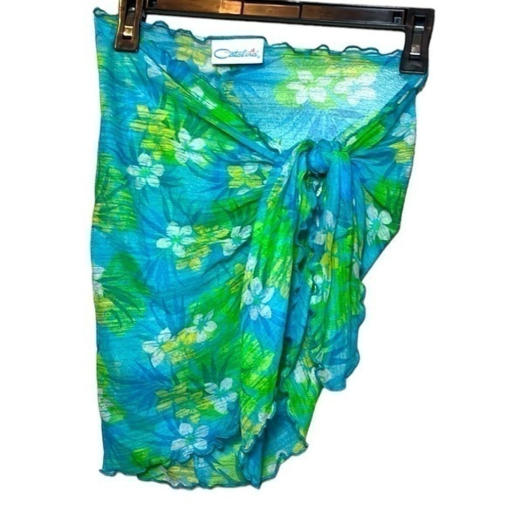 Catalina wrap around waist tie swim coverup blue/green with flowers